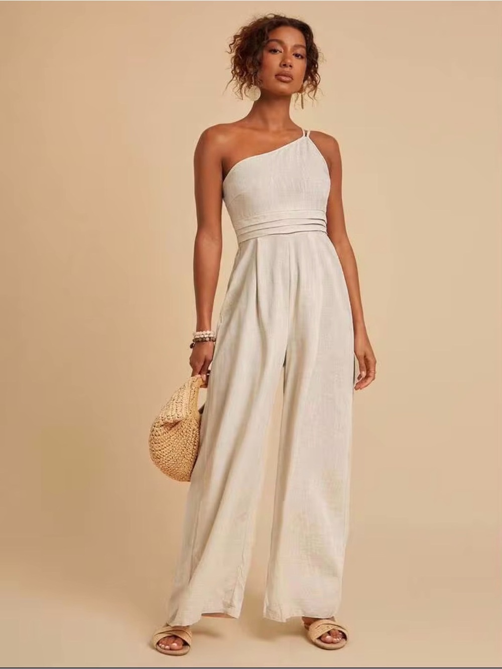 Women's Cream Tan Linen Look Strappy Jumpsuit, one shoulder polyester size large